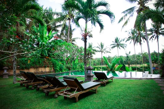 Balinese cottage overlooking rice fields - travel and tourism.