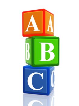 3d colorful cubes with letters abc with reflection