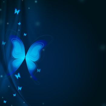 beautiful background with blue butterflies and rays