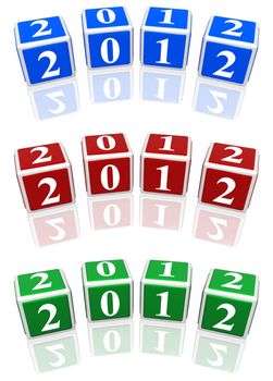 3d blue, red and green cubes with white figures with text 2012