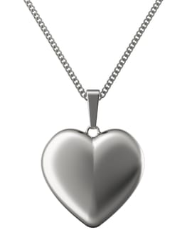 Silver pendant in shape of heart on chain isolated on white. High resolution 3D image