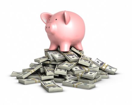 Piggy bank on a stack of money.