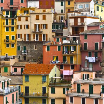 Colourful house frontings forming a beautiful background pattern. Cinque Terre - Italy.