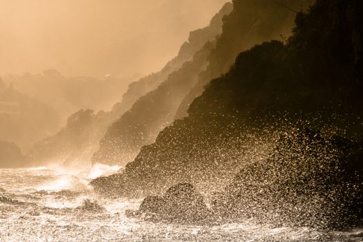 Dramatic seascape in Mediterranean sea in Chinque Terre national park in Italy.