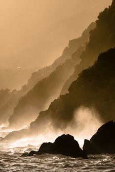 Dramatic seascape in Mediterranean sea in Chinque Terre national park in Italy.