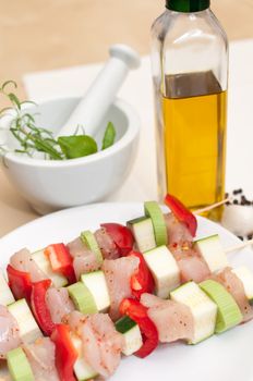 Preparation of shish kebab - Skewer With Chicken Meat, Pepper, Zucchini and Leek