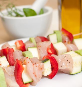 Preparation of shish kebab - Skewer With Chicken Meat, Pepper, Zucchini and Leek