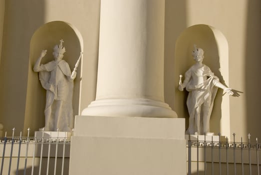 Statues of saints in the cathedral wall arks. Religous view.