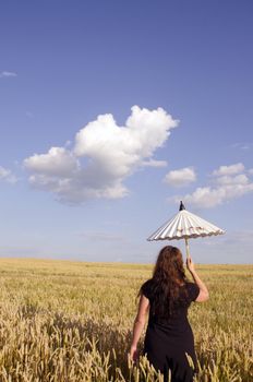 Back of young woman walking with little white umbrella in the field wheat.