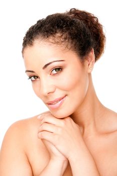 Skincare concept - Beautiful young woman face with pimple acne free clear skin, isolated.