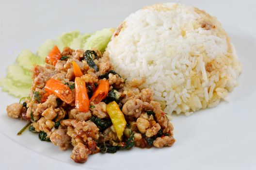 Rice and  minced pork fried with chilli pepper and  sweet basil 