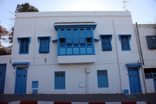 Sidi Bou Said - typical building with white walls, blue doors and windows