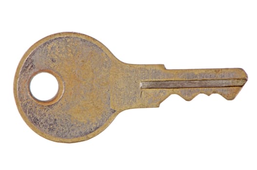 Used metal key isolated on a white background.