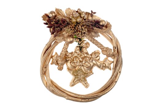 A gold christmas wreath isolated on white background.