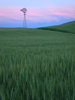 Windmill, wheat and clouds at twilight, Whitman County, Washington, USA