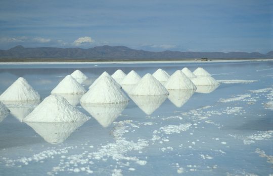 Triangular piles of salt on the surface of the Salar de Uyuni salt lake, Bolivia