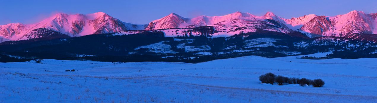 The Bridger Mountain Range and rangeland in winter, Gallatin County, Montana, USA