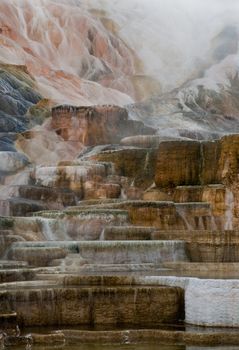Travertine (limestone) terraces of Palette Springs in late winter, formed by volcanic activity of the Yellowstone Caldera, Mammoth Hot Springs, Yellowstone National Park, Park County, Wyoming, USA