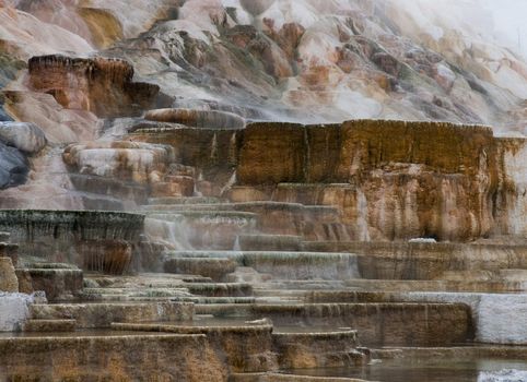 Travertine (limestone) terraces of Palette Springs in late winter, formed by volcanic activity of the Yellowstone Caldera, Mammoth Hot Springs, Yellowstone National Park, Park County, Wyoming, USA