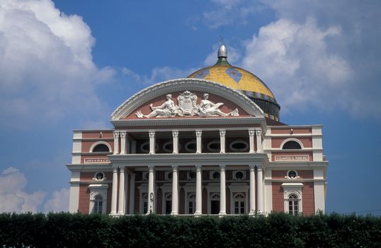 Pink and white opera house in the middle of the Amazon at Manaus, Brazil