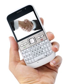 Business mobile phone isolated on white with reflection. Image on screen belongs to me.