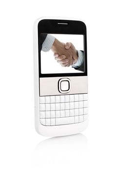 Business mobile phone isolated on white with reflection. Image on screen belongs to me.