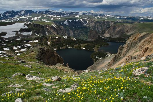 Twin Lakes and alpine meadows in summer, Beartooth Wilderness, Shoshone National Forest, Park County, Wyoming, USA