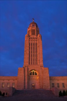 Nebraska State Capitol Building, morning twillight, Lincoln, Lancaster County, Nebraska, USA
