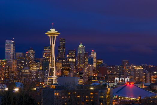 The Space Needle (built 1962) and Downtown Skyscrapers at twilight, Seattle, King County, Washington, USA