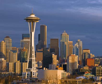 The Space Needle (built 1962) and Downtown Skyscrapers in evening light, Seattle, King County, Washington, USA