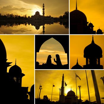 Collage photo of mosques silhouette during sunset