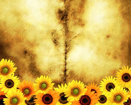 Grunge paper background with bright yellow sunflowers and copy space
