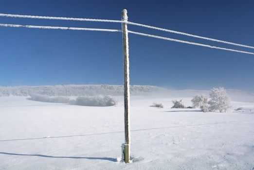 Nice winter lanscape blue sky, snowy telefony lines