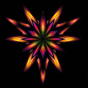 An abstract illustrated star done in shades of green, yellow orange, and purple on a black background.