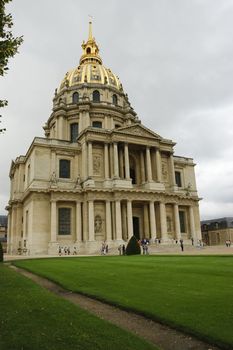 Front entrance of Dome Church in Paris, final resting place of Napoleon Bonaparte, including grassy fields