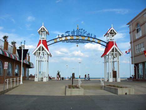 The famous public BOARDWALK sign located at the main entrance of the boardwalk in Ocean City, Maryland.