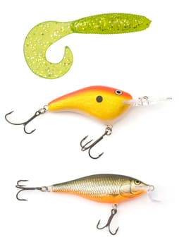 isolated three kinds of fishing lures on white background