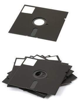 old 5'25 inch floppy disks from 80's years, isolated on white baclground