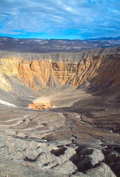 Ubehebe Crater is a large volcanic crater located at the north tip of the Cottonwood Mountains