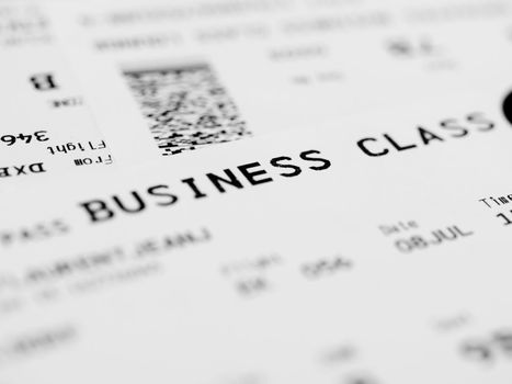 Close up of a business class ticket with shallow depth of field