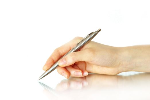Hand and pen on the white background