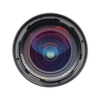 Camera lens front photographed straight on, isolated