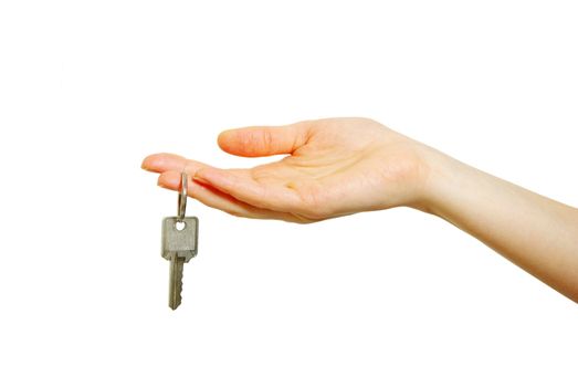 hand holds a key isolated on white