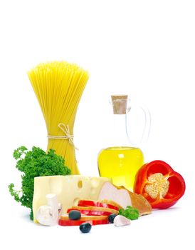 Ingredients for cooking italian pasta over white