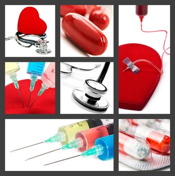 Medical collage with syringes stethoscope and pills