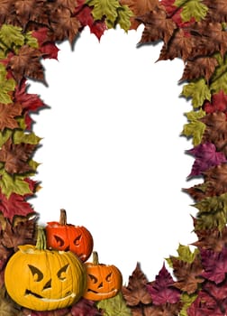 halloween pumpkins on white background with fall leaves frame