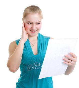 Happy schoolgirl received a diploma. Isolated on white background