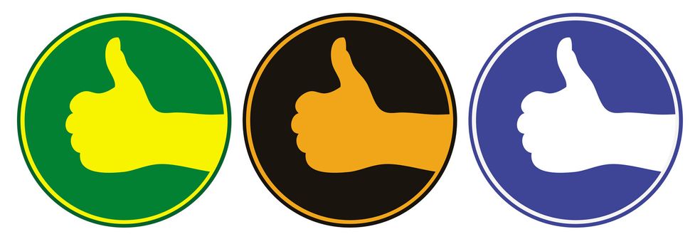 Three emblems with thumbs up signs in different colors.