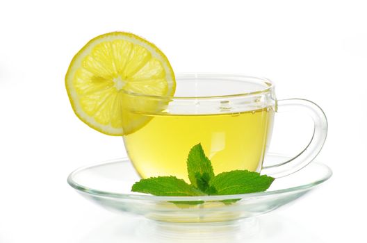 tea in cup with leaf mint  isolated on white background