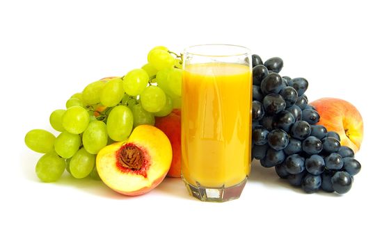 Glass with freshly made peach juice on a white background